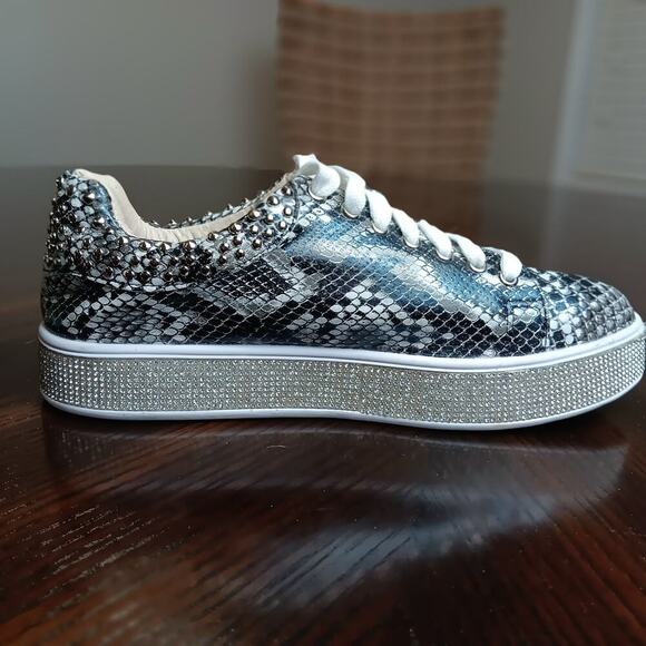 Bling Womans Jeweled Fashion Sneakers Stud Collar Snake Skin Texture Bella Luna - Picture 7 of 15